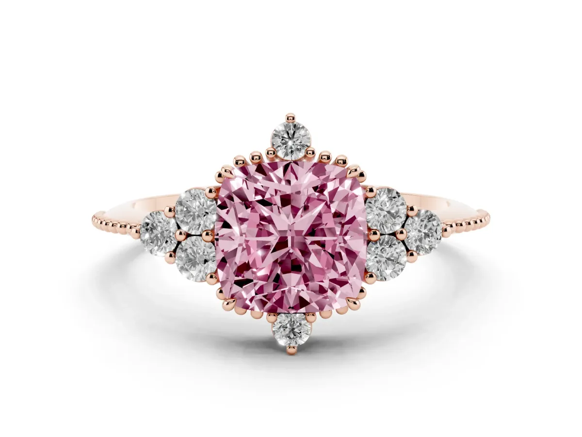 Fancy Pink Cushion Cut Diamond Cluster Ring Set in Rose gold with Beaded Band