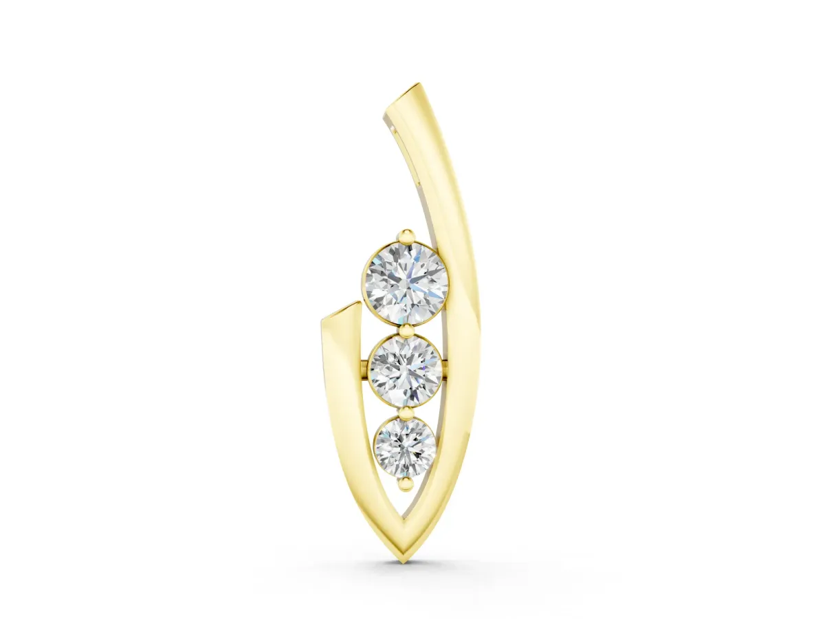 Three-Stone Round Diamond Pendant Set in Yellow gold with Curved Metal Frame