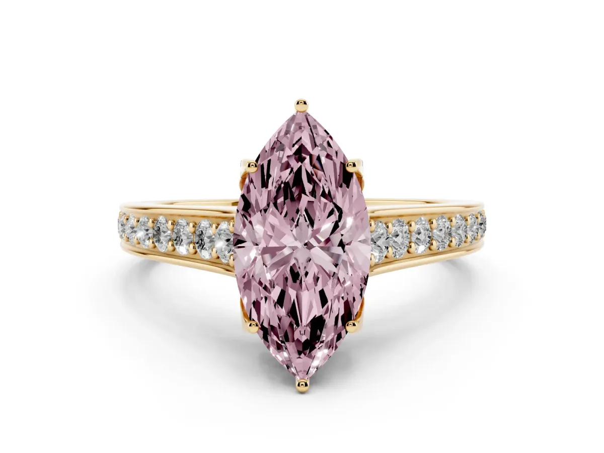 Fancy Pink Marquise Cut Diamond Solitaire Pavé Engagement Ring Set in Yellow gold with Prong Setting