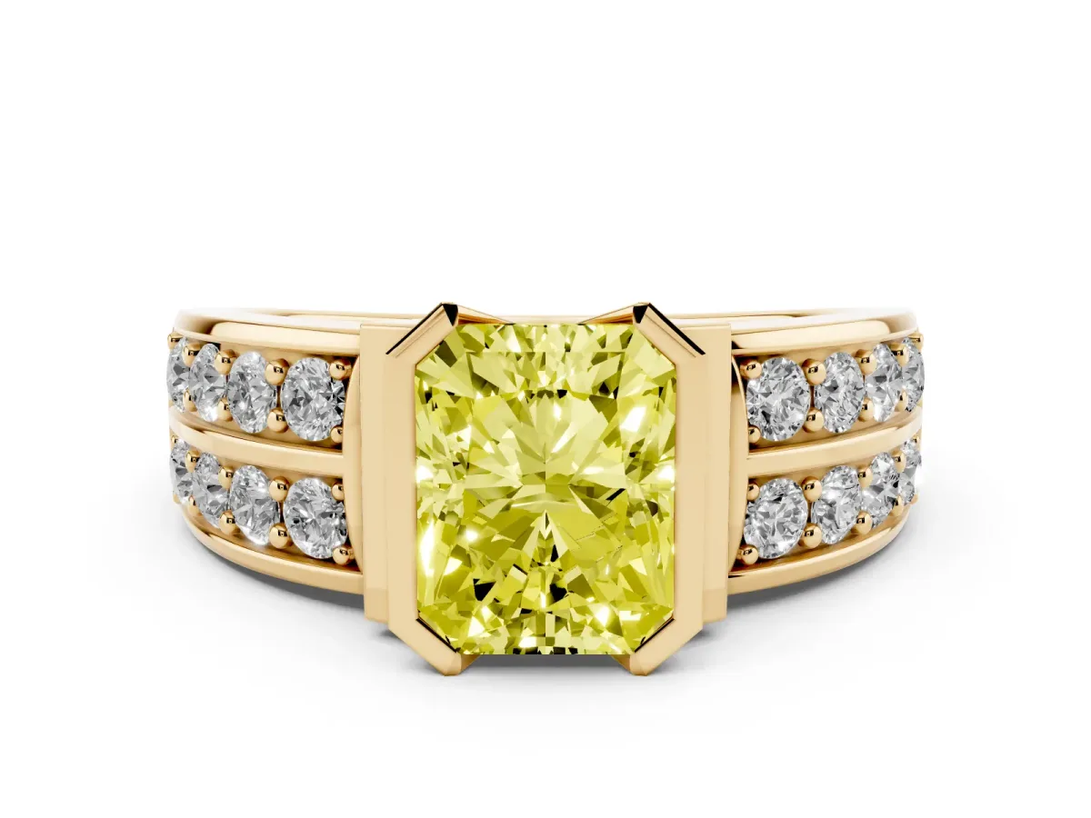 Fancy Yellow Radiant Cut Diamond Wide Channel Set Band Ring Set in Yellow gold with Bezel Setting