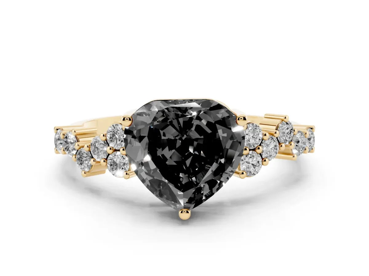 Fancy Black Heart Cut Diamond Ring Set in Yellow gold with Scattered Round Accents