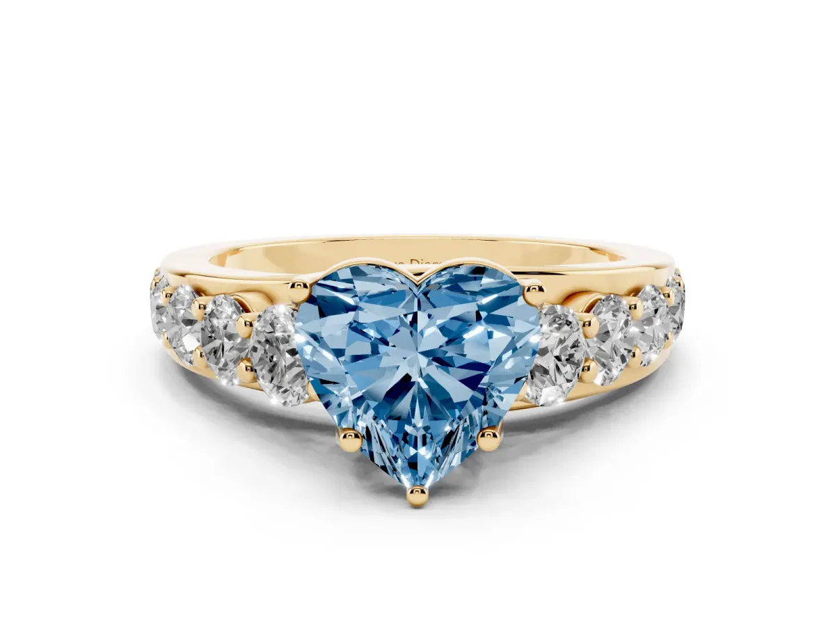 Fancy Blue Heart Cut Diamond Pavé Engagement Ring Set in Yellow gold with Prong Setting