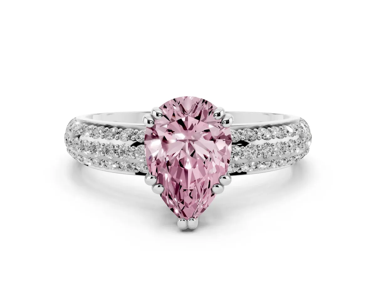 Fancy Pink Pear Cut Diamond Solitaire Ring Set in Silver with Multi-Row Round Pavé Band and Prong Setting