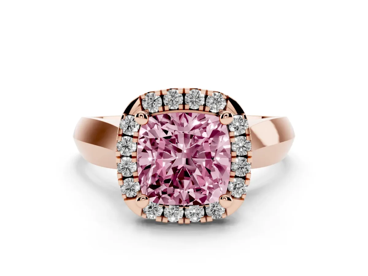 Fancy Pink Cushion Cut Diamond Halo Solitaire Engagement Ring Set in Rose gold with Square Band and Prong Setting