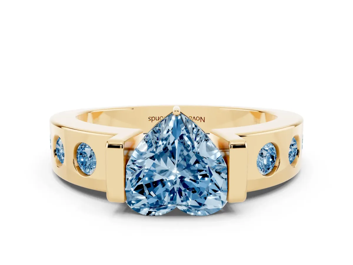 Fancy Blue Heart Cut Diamond Channel-Set Band Ring Set in Yellow gold with Bezel Prong Setting