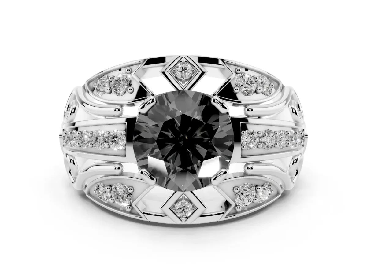 Fancy Black Round Cut Diamond Art Deco Ring Set in Platinum with Pavé Split Shank