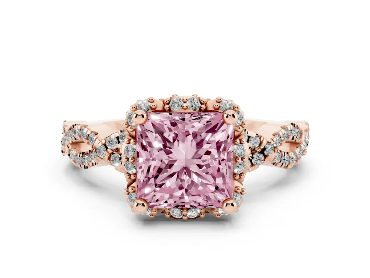 Fancy Pink Princess Cut Diamond Halo Twist Band Solitaire Ring Set in Rose gold with Prong-Set Center Stone