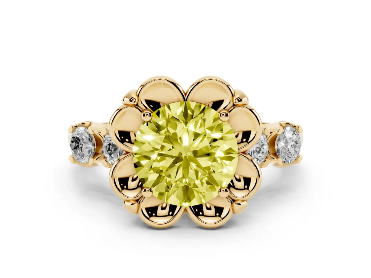 Fancy Yellow Round Cut Diamond Floral Halo Ring Set in Yellow gold with Shared Prong Band