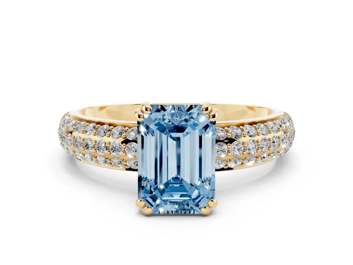 Fancy Blue Emerald Cut Diamond Solitaire Ring Set in Yellow gold with Multi-Row Round Pavé Band and Prong Setting