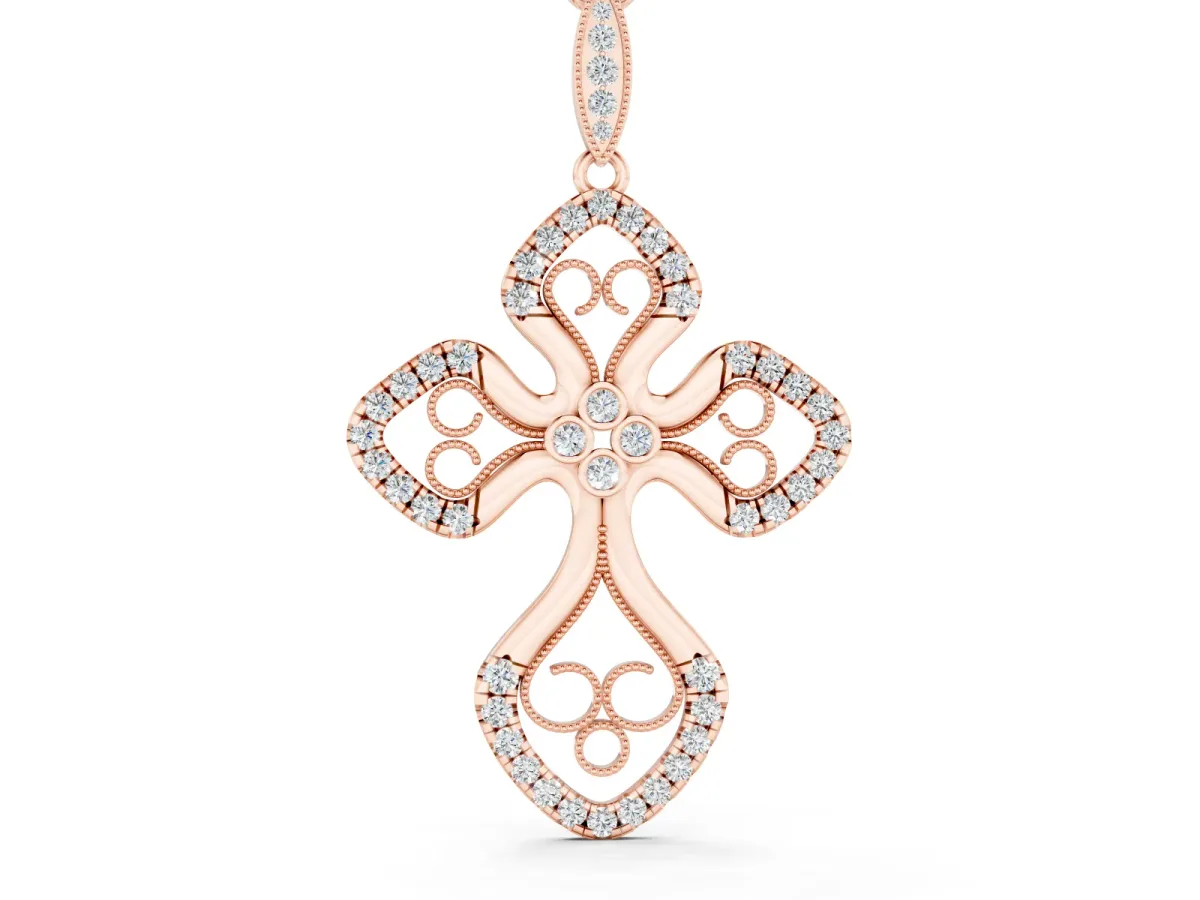 Round Diamond Cross Pendant Set in Rose gold with Pavé and Milgrain Edge