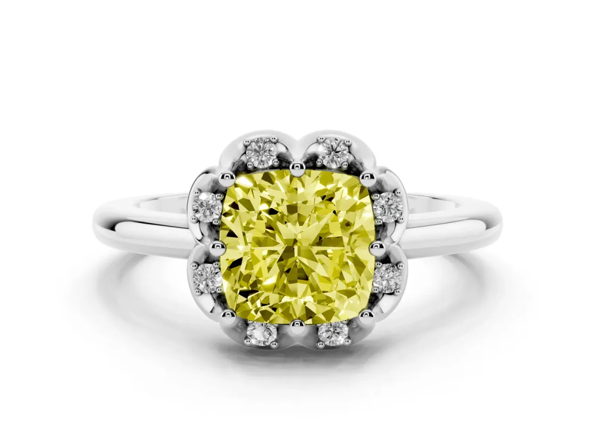Fancy Yellow Cushion Cut Diamond Round Cluster Halo Ring Set in Platinum with Solitaire Band and Prong Setting