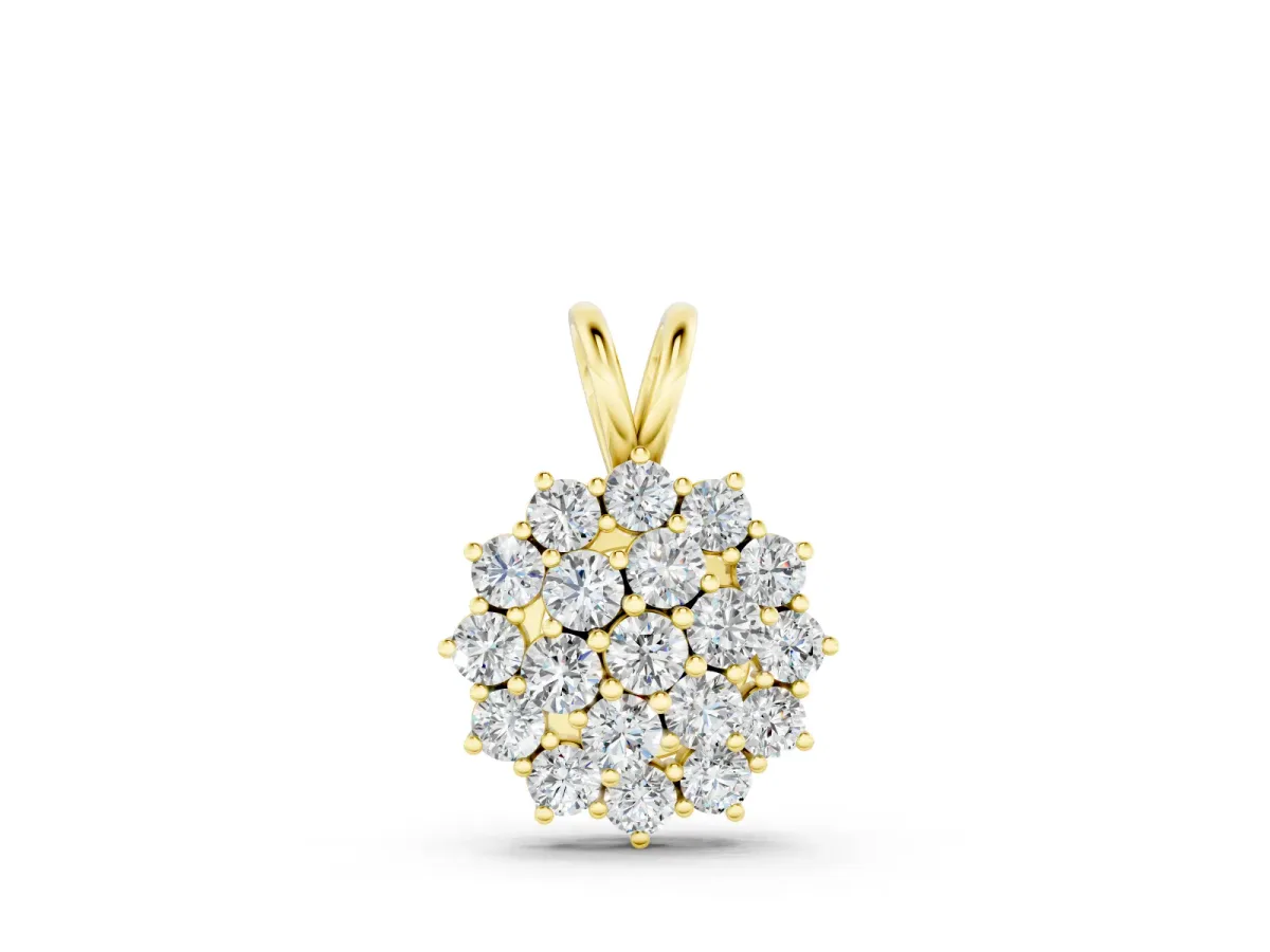 Cluster Round Diamond Pendant Set in Yellow gold with Prong-Set Floral Group