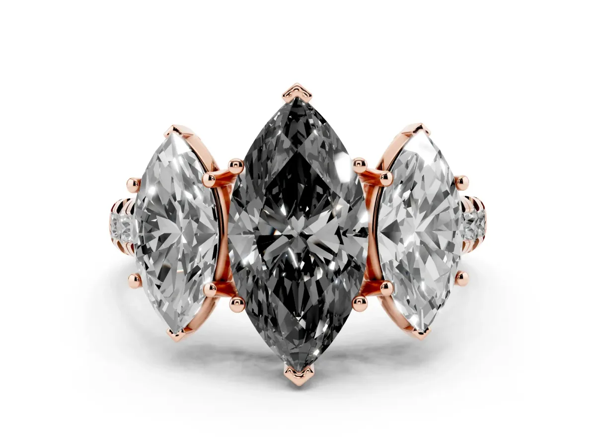 Fancy Black Marquise Cut Diamond Three-Stone Ring Set in Rose gold with Pavé Band