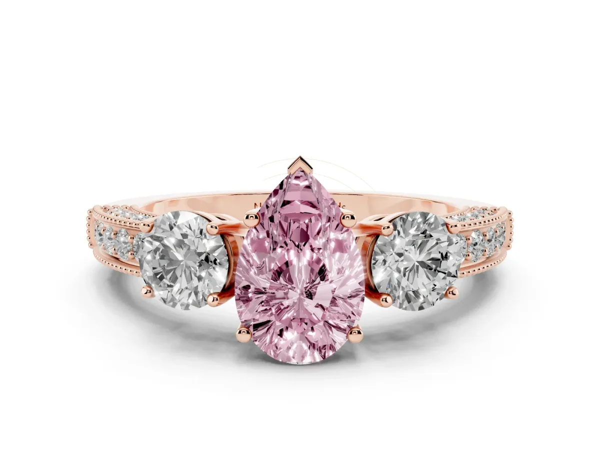 Fancy Pink Pear Cut Diamond Three-Stone Ring Set in Rose gold with Round Side Stones and Pavé Band