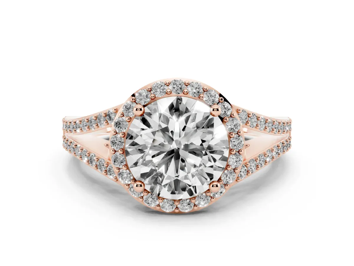 Round Cut Diamond Halo Split Shank Ring Set in Rose gold with Accent Stones and Prong Setting