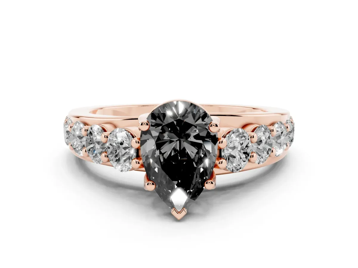 Fancy Black Pear Cut Diamond Pavé Engagement Ring Set in Rose gold with Prong Setting