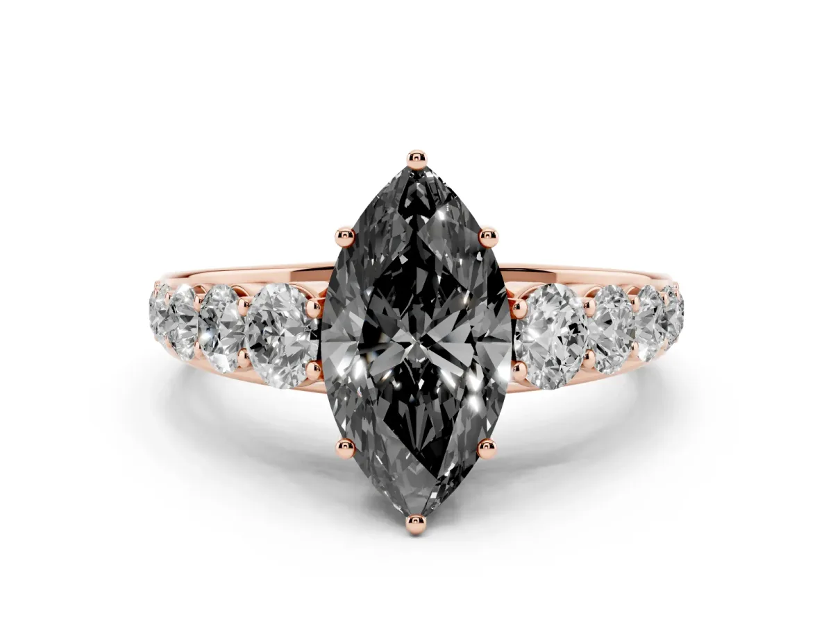 Fancy Black Marquise Cut Diamond Solitaire Ring Set in Rose gold with Pavé-Set Band and Prong Setting