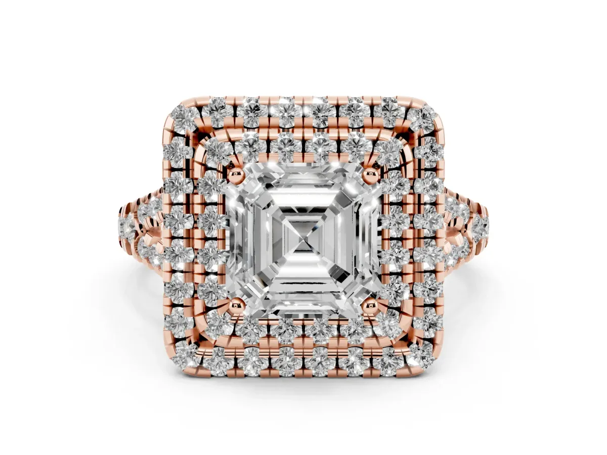 Asscher Cut Diamond Double Halo Ring Set in Rose gold with Pavé Split Shank and Prong Setting