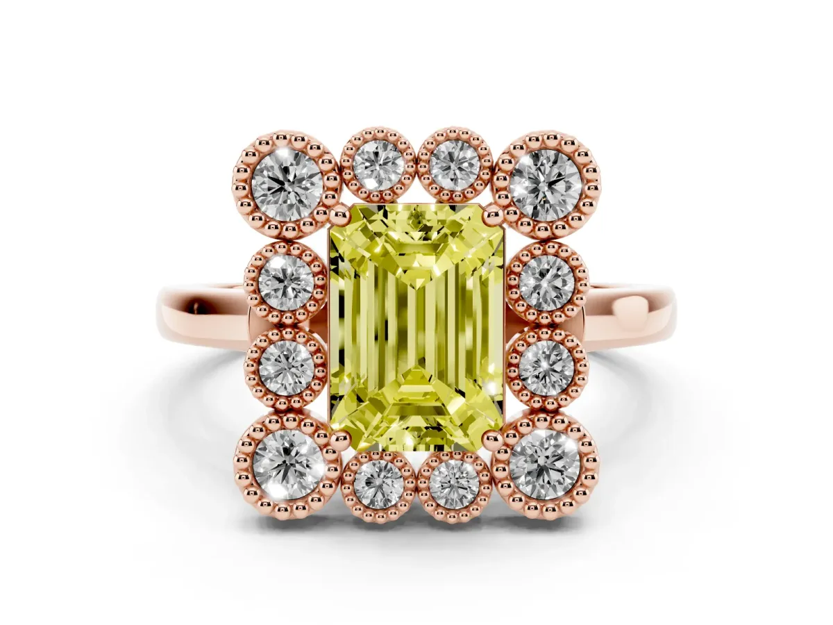 Fancy Yellow Emerald Cut Diamond Cluster Halo Ring Set in Rose gold with Milgrain Bezel Accents and Plain Band