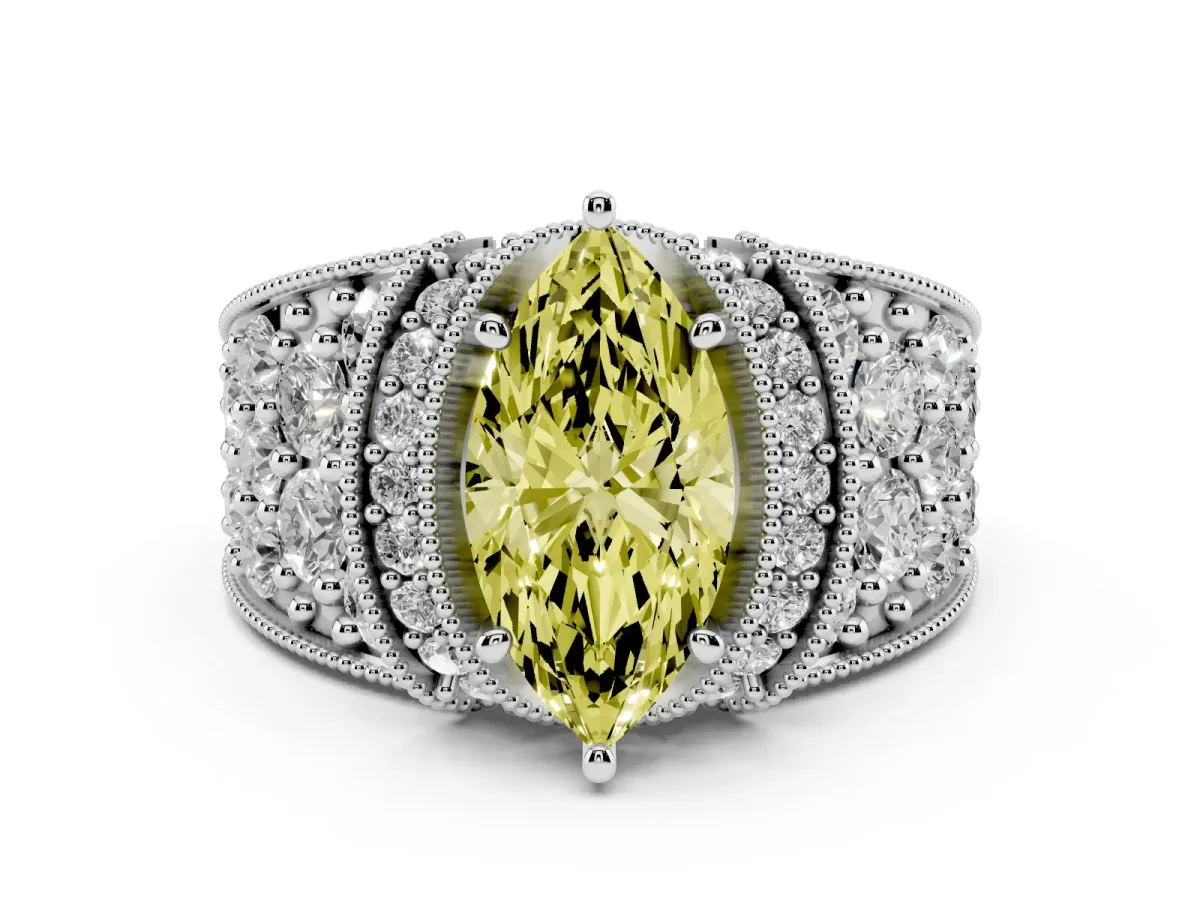 Fancy Yellow Marquise Cut Diamond Milgrain Halo Pavé Engagement Ring Set in White gold with Prong Setting