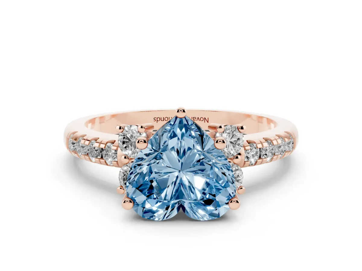 Fancy Blue Heart Cut Diamond Three-Stone Pavé Ring Set in Rose gold with Prong Setting