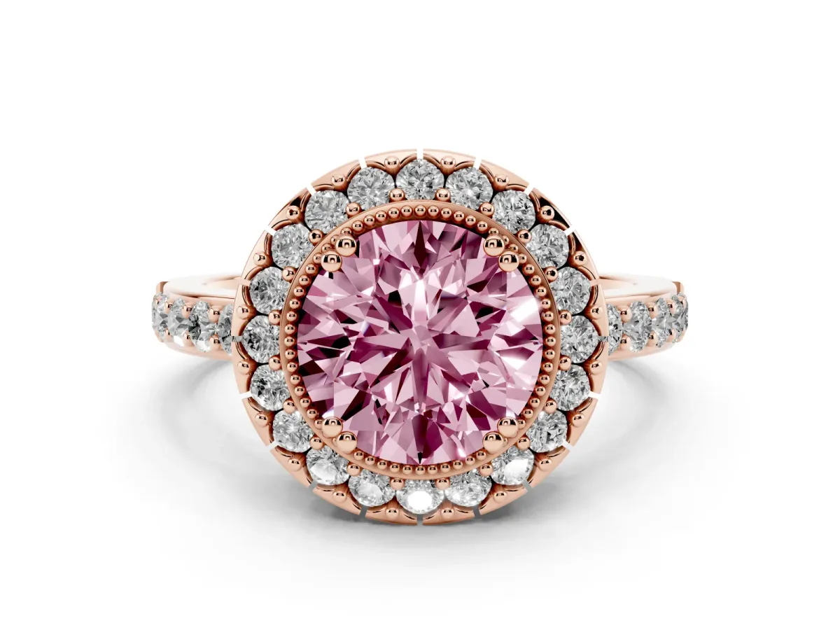 Fancy Pink Round Cut Diamond Halo Ring Set in Rose gold with Pavé Shank and Prong Setting