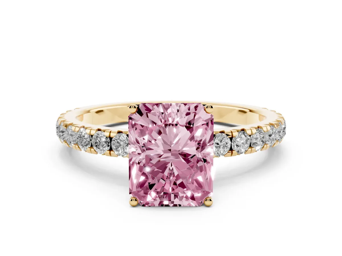 Fancy Pink Radiant Cut Diamond Pavé Solitaire Engagement Ring Set in Yellow gold with Prong Setting