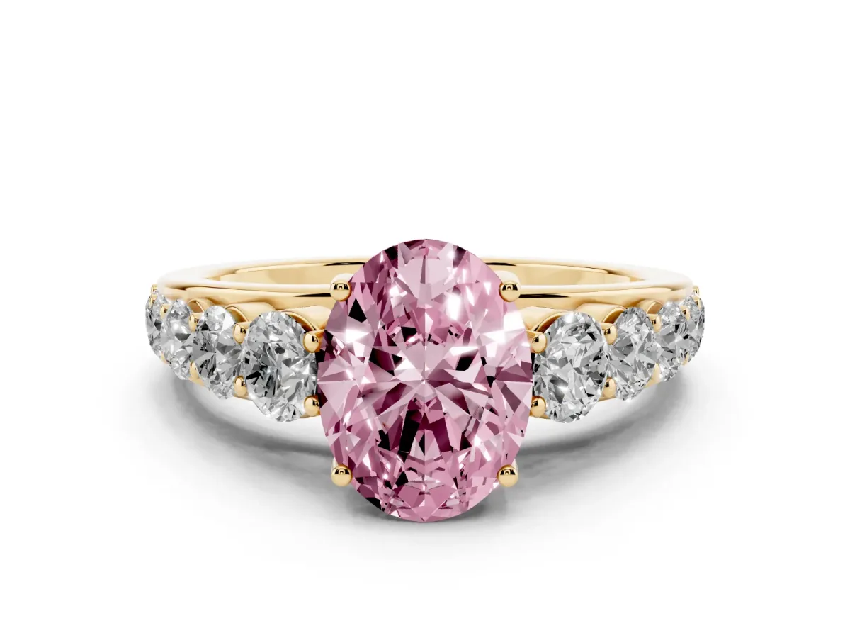 Fancy Pink Oval Cut Diamond Solitaire Ring Set in Yellow gold with Pavé-Set Band and Prong Setting
