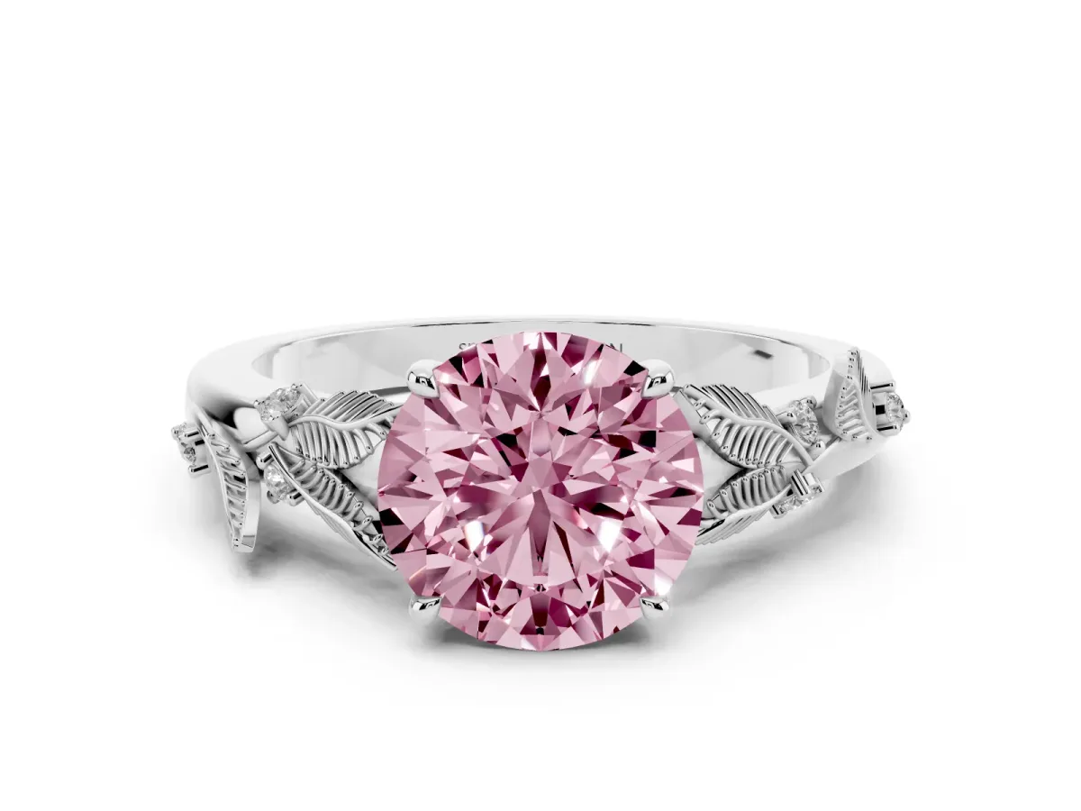 Fancy Pink Round Cut Diamond Solitaire Ring Set in Platinum with Leaf Motif Band