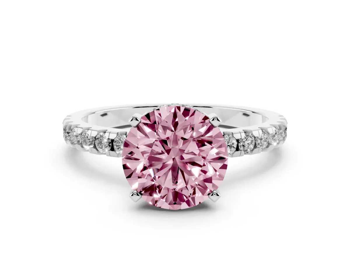 Fancy Pink Round Cut Diamond Pavé Solitaire Ring Set in Silver with Round Band Accents and Prong Setting