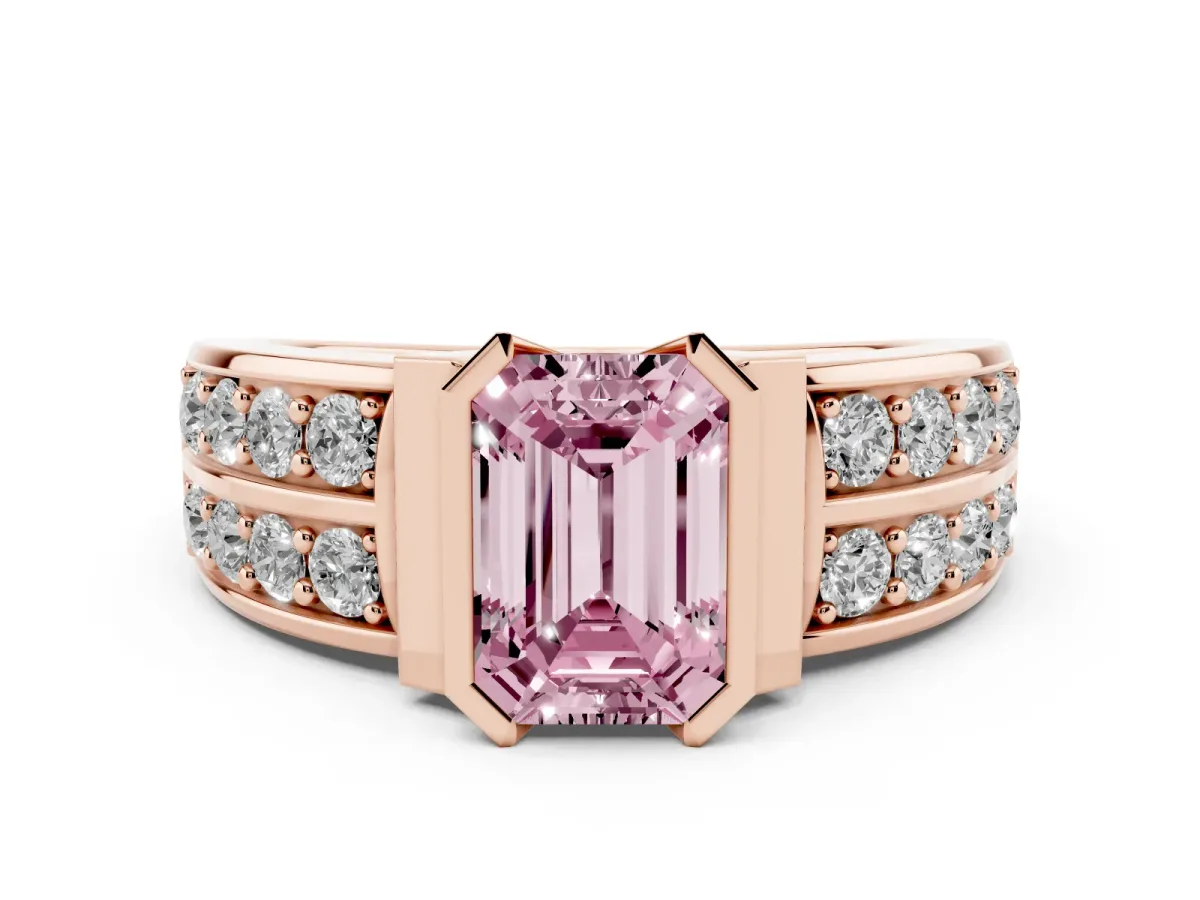 Fancy Pink Emerald Cut Diamond Wide Channel Set Band Ring Set in Rose gold with Bezel Setting