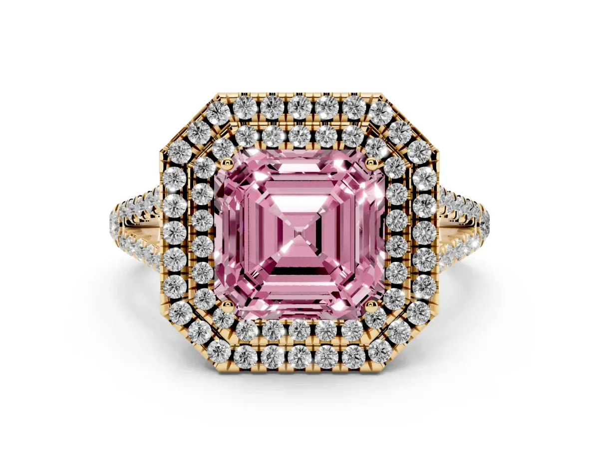 Fancy Pink Asscher Cut Diamond Double Halo Ring Set in Yellow gold with Pavé Band