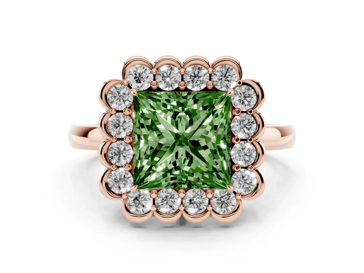 Fancy Green Princess Cut Diamond Halo Cluster Engagement Ring Set in Rose gold with Solitaire Band and Prong Setting