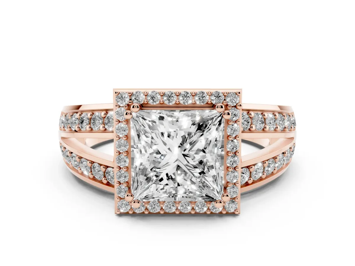 Princess Cut Diamond Halo Ring Set in Rose gold with Double Pavé Split Shank