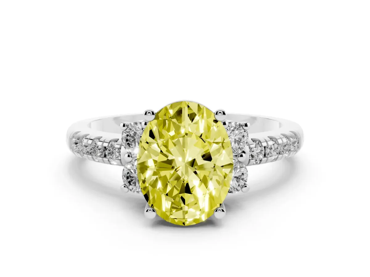 Fancy Yellow Oval Cut Diamond Three-Stone Pavé Ring Set in Silver with Prong Setting