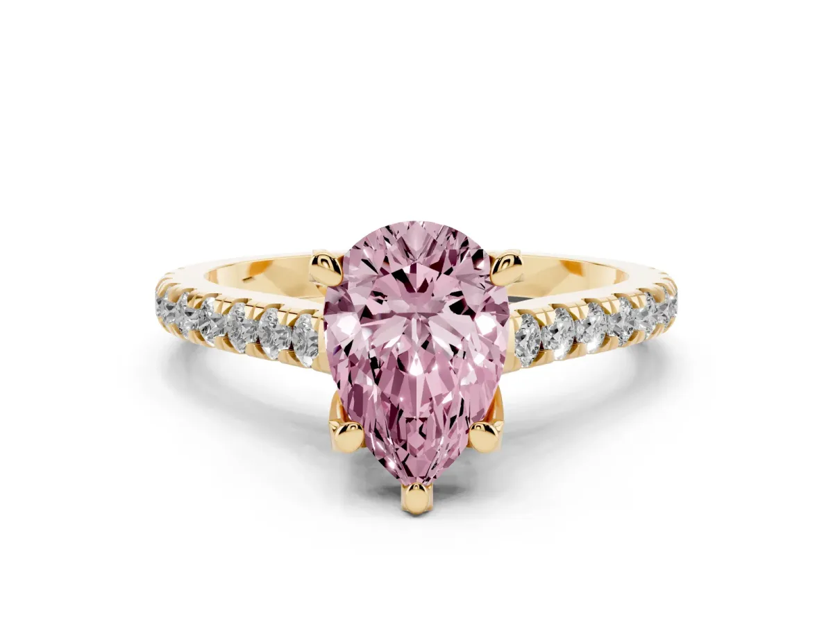 Fancy Pink Pear Cut Diamond Solitaire Ring Set in Yellow gold with Brilliant Pavé Band and Prong Setting