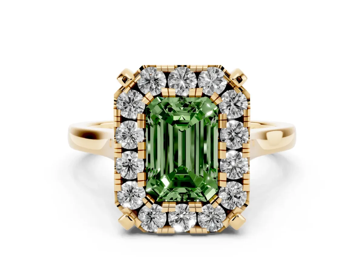 Fancy Green Emerald Cut Diamond Cluster Halo Solitaire Ring Set in Yellow gold with Prong Setting