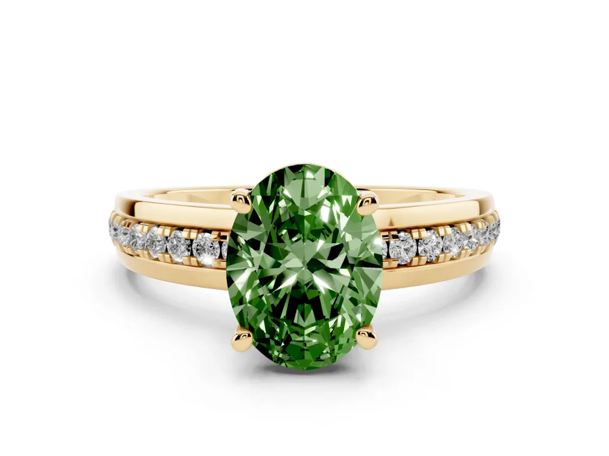 Fancy Green Oval Cut Diamond Solitaire Ring Set in Yellow gold with Channel Set Band and Prong Setting