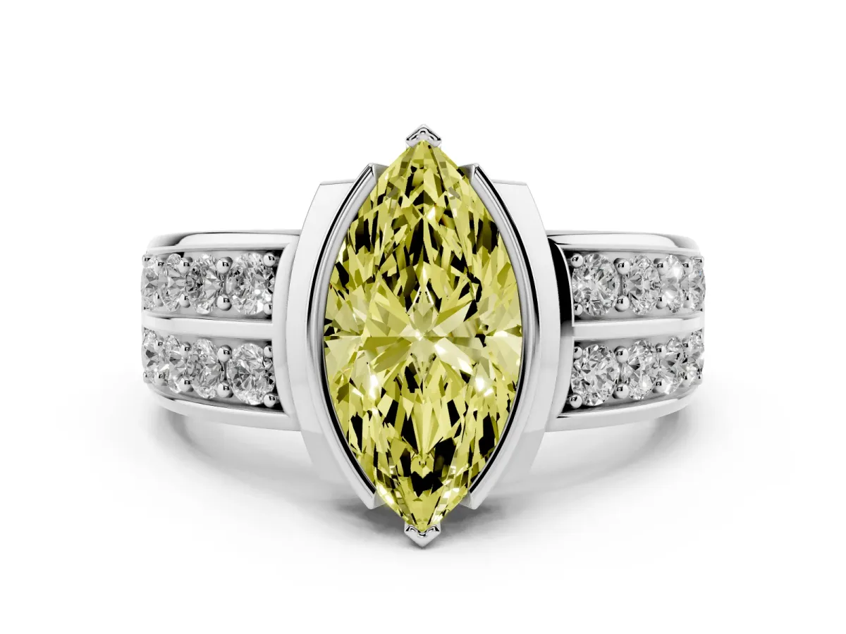 Fancy Yellow Marquise Cut Diamond Wide Channel Set Band Ring Set in Platinum with Bezel Setting