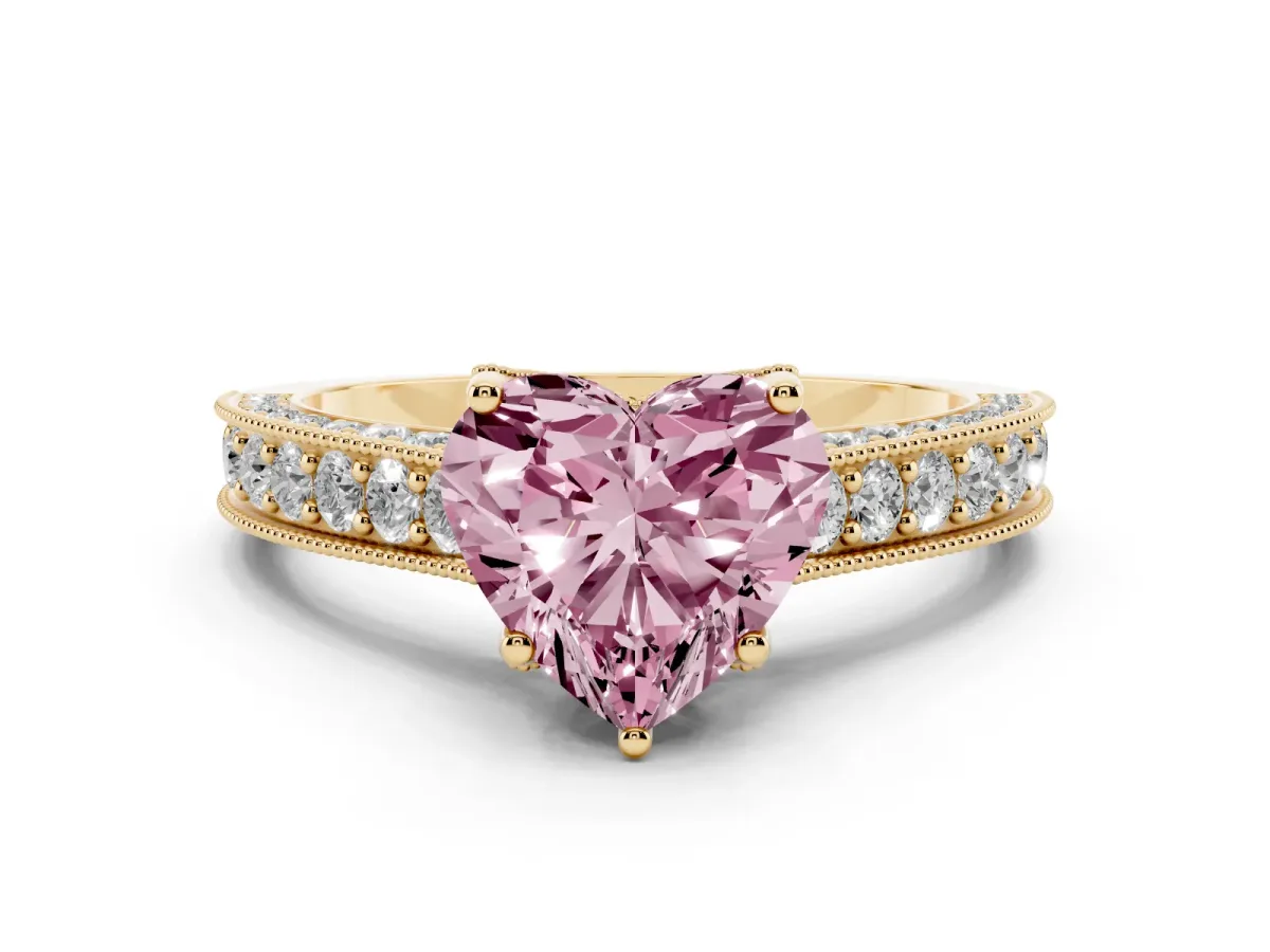 Fancy Pink Heart Cut Diamond Solitaire Ring Set in Yellow gold with Milgrain-Edged Pavé Band and Prong Setting