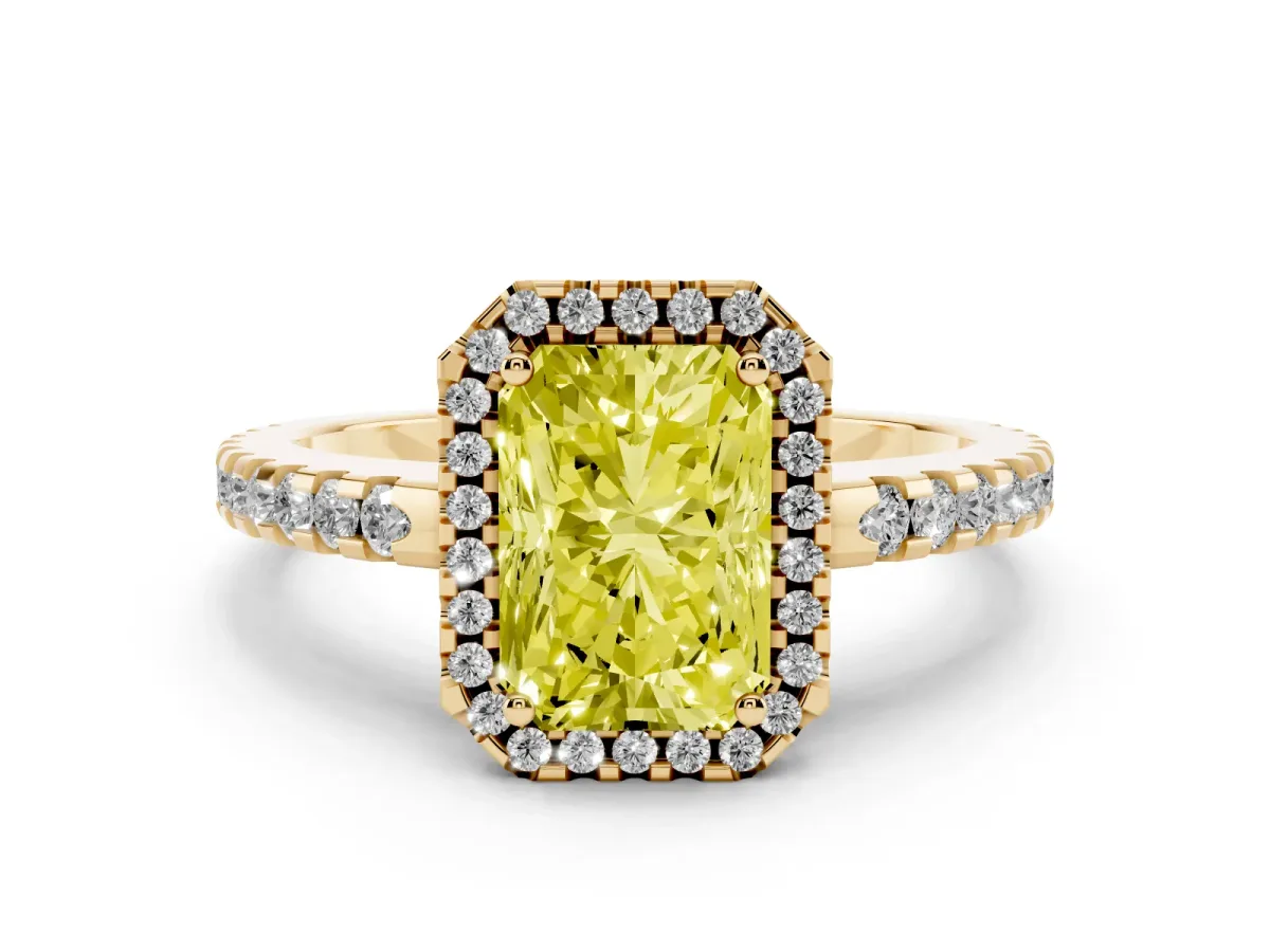 Fancy Yellow Radiant Cut Diamond Halo Ring Set in Yellow gold with Pavé Shoulders and Halo-Framed Center