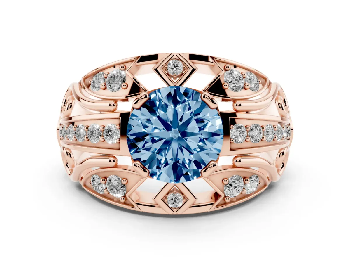 Fancy Blue Round Cut Diamond Art Deco Ring Set in Rose gold with Pavé Split Shank