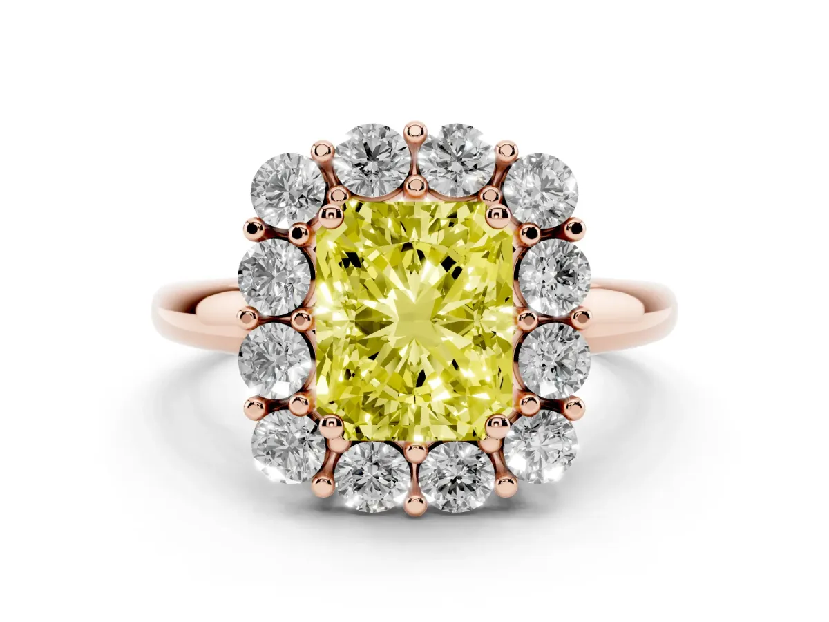 Fancy Yellow Radiant Cut Diamond Halo Cluster Engagement Ring Set in Rose gold with Polished Band and Prong Setting