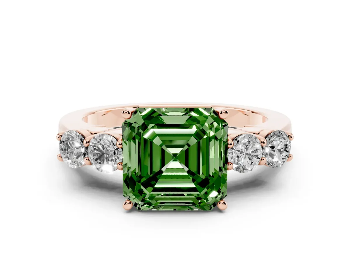 Fancy Green Asscher Cut Diamond Five-Stone Prong Set Band Ring Set in Rose gold with Polished Band