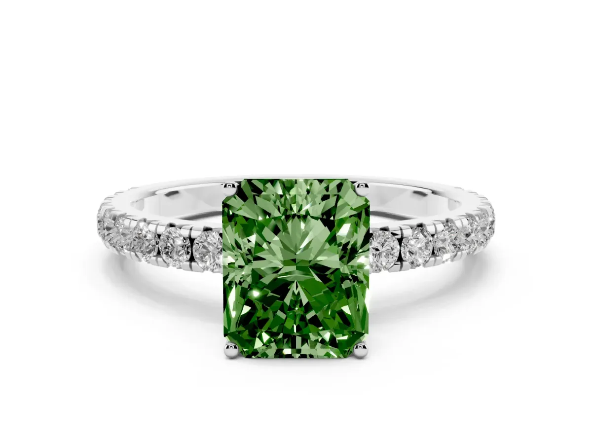 Fancy Green Radiant Cut Diamond Pavé Solitaire Engagement Ring Set in Platinum with Prong Setting