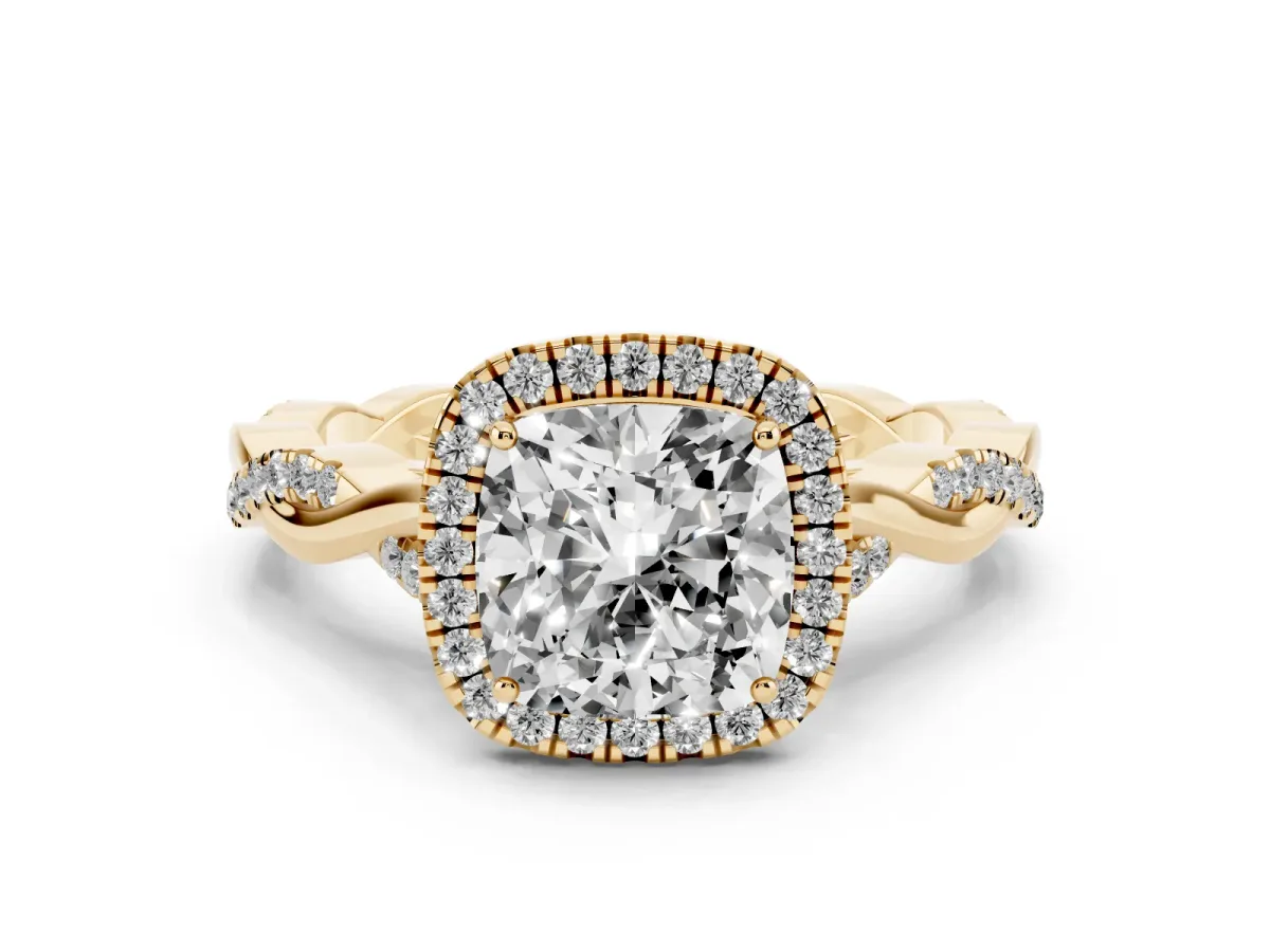 Cushion Cut Diamond Halo Twist Band Solitaire Ring Set in Yellow gold with Prong Setting