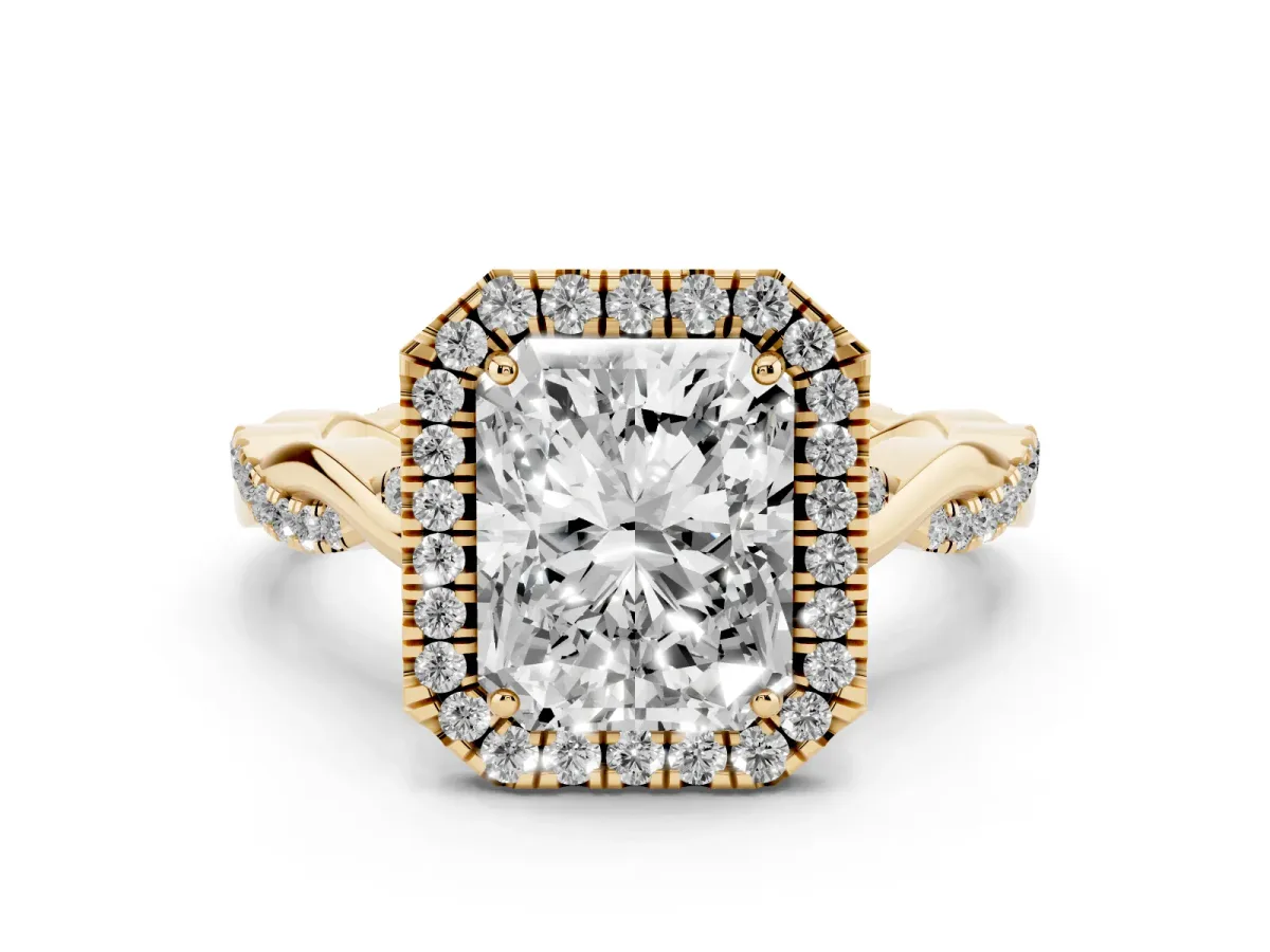 Radiant Cut Diamond Halo Twist Band Solitaire Ring Set in Yellow gold with Prong Setting