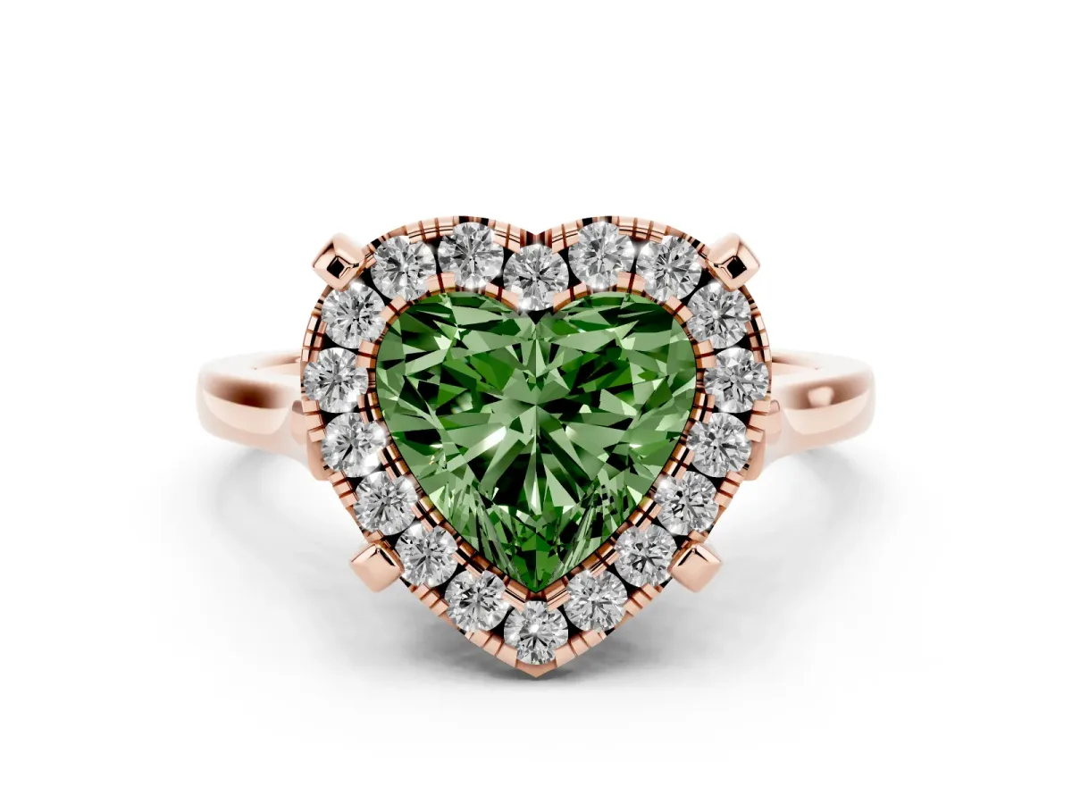 Fancy Green Heart Cut Diamond Cluster Halo Solitaire Ring Set in Rose gold with Prong Setting