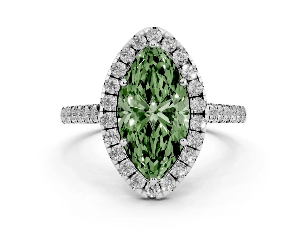 Fancy Green Marquise Cut Diamond Halo Pavé Engagement Ring Set in Platinum with Prong Setting
