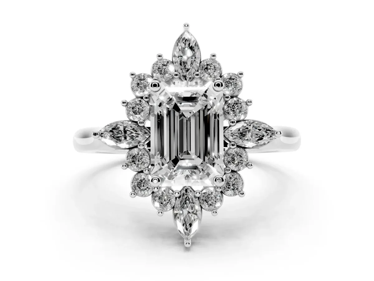 Emerald Cut Diamond Cluster Halo Ring Set in White gold with Marquise and Round Accents